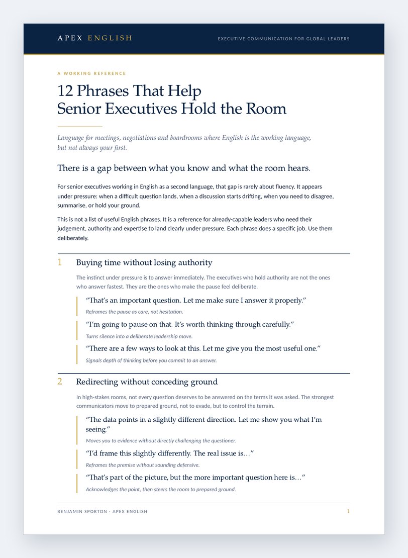 First page of the guide, 12 Phrases That Help Senior Executives Hold the Room